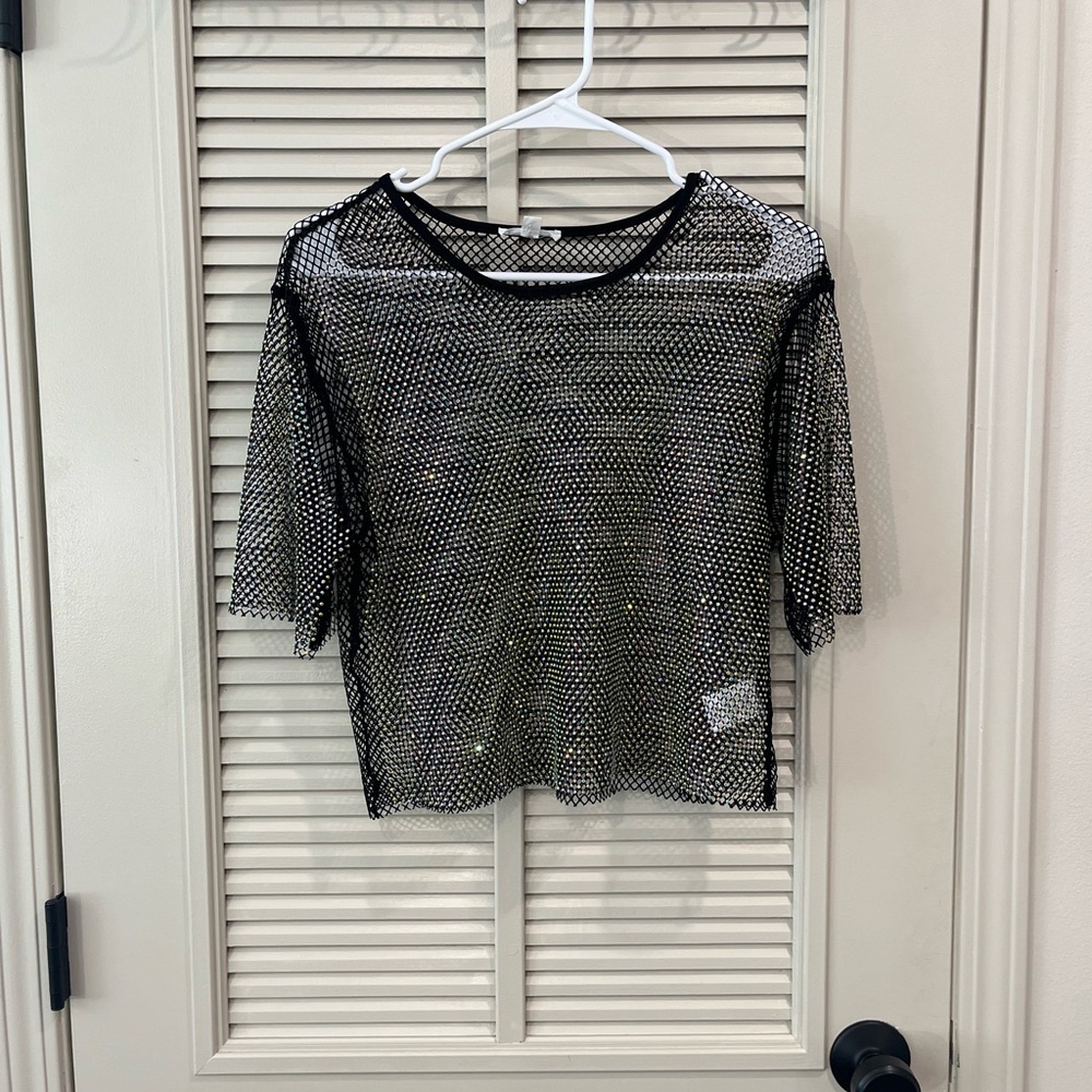 Endless Blu Mesh Top Sheer Rhinestone Cropped Top Sz M - Picture 6 of 9